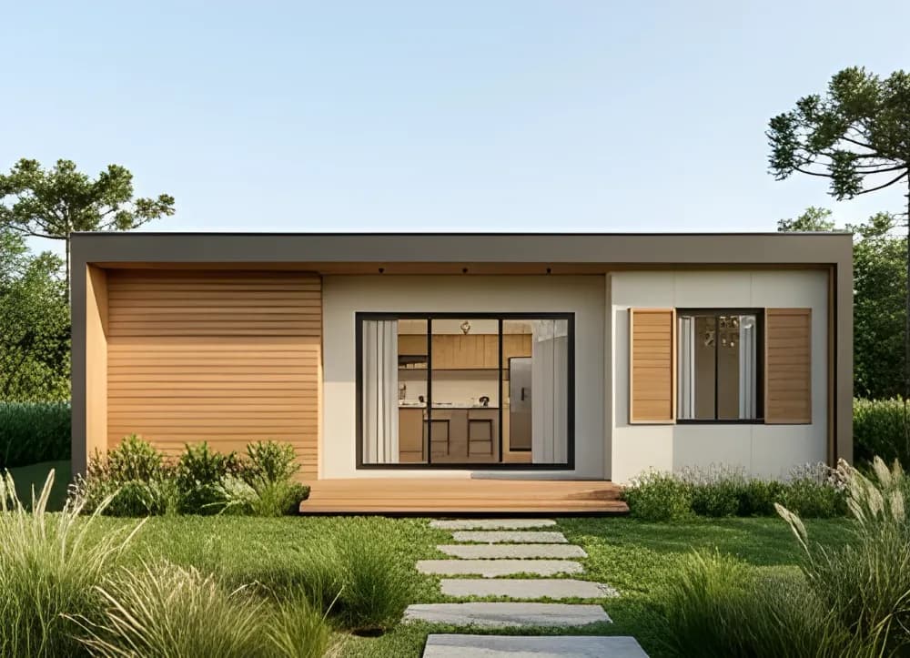 Casa modular Horizonte de 50 m², fachada com deck e jardim frontal — In House Casas Modulares