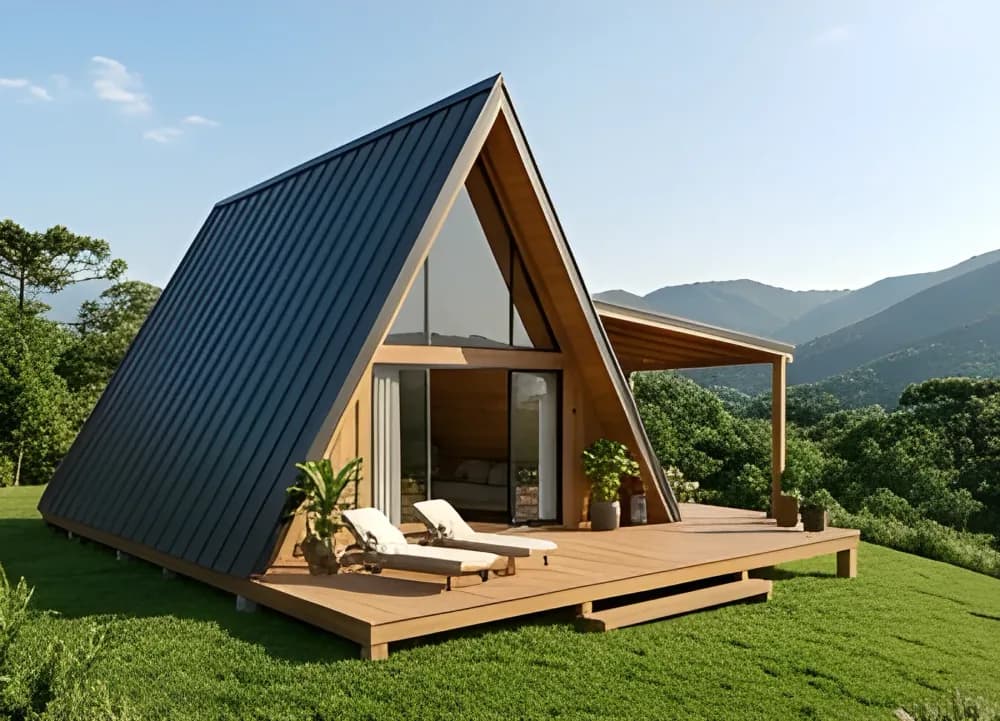 Chalé modular Aurora de 35 m² com varanda e deck integrados ao jardim — In House Casas Modulares